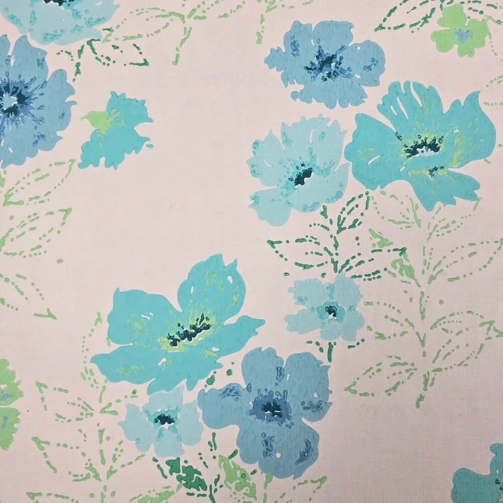 Vintage Wallpaper Sample Sheet 70s Floral Flowers Blue Green Crafting Dollhouse